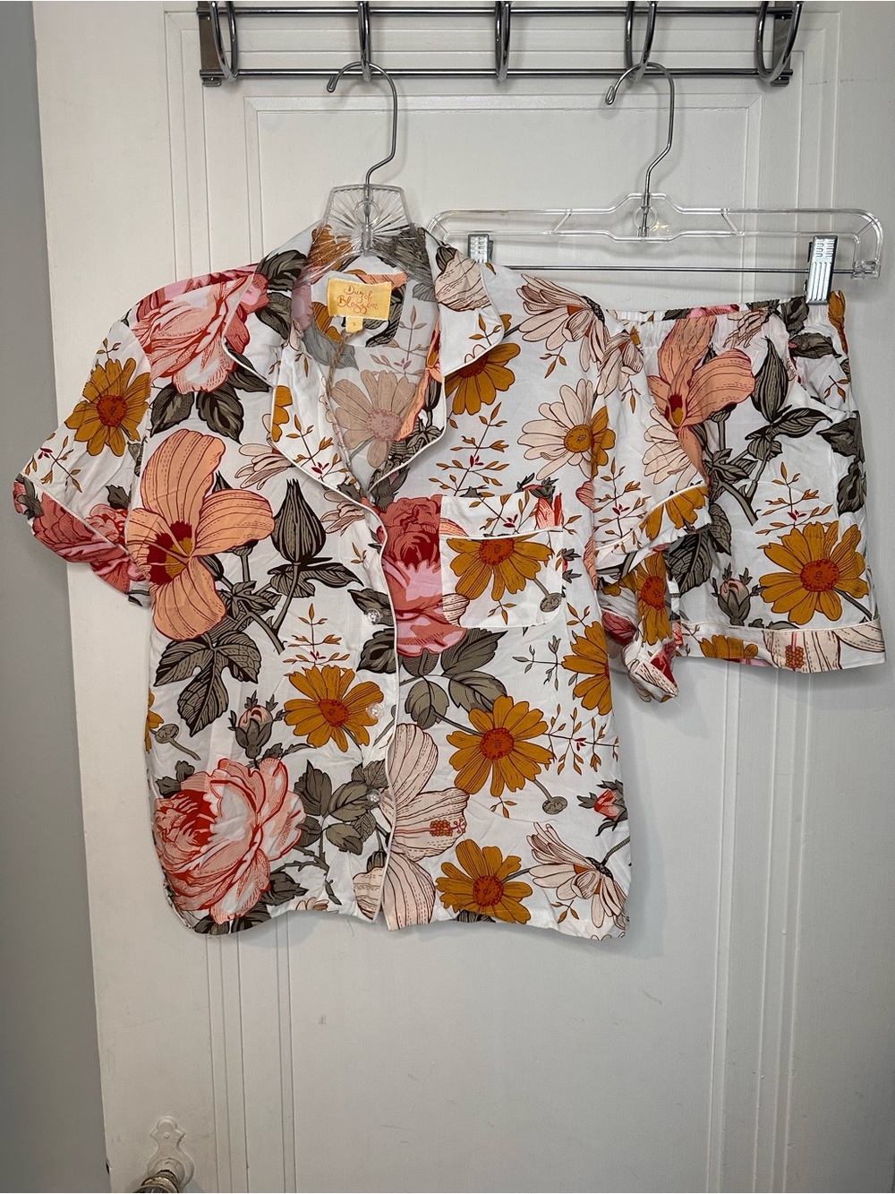 Floral Short Pajama Set in White with Pink & Mustard